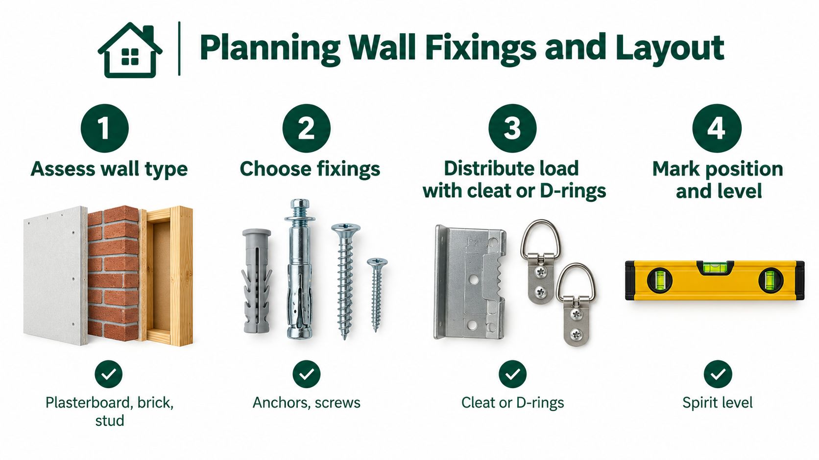 A four-step instructional guide illustrating how to plan wall fixings and layout for hanging heavy items.