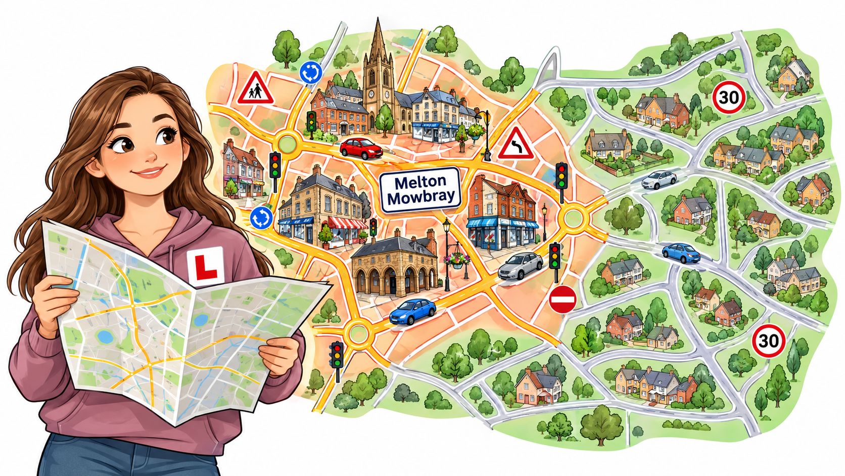 A young female learner driver holding a city map in front of a illustrated Melton Mowbray street scene.
