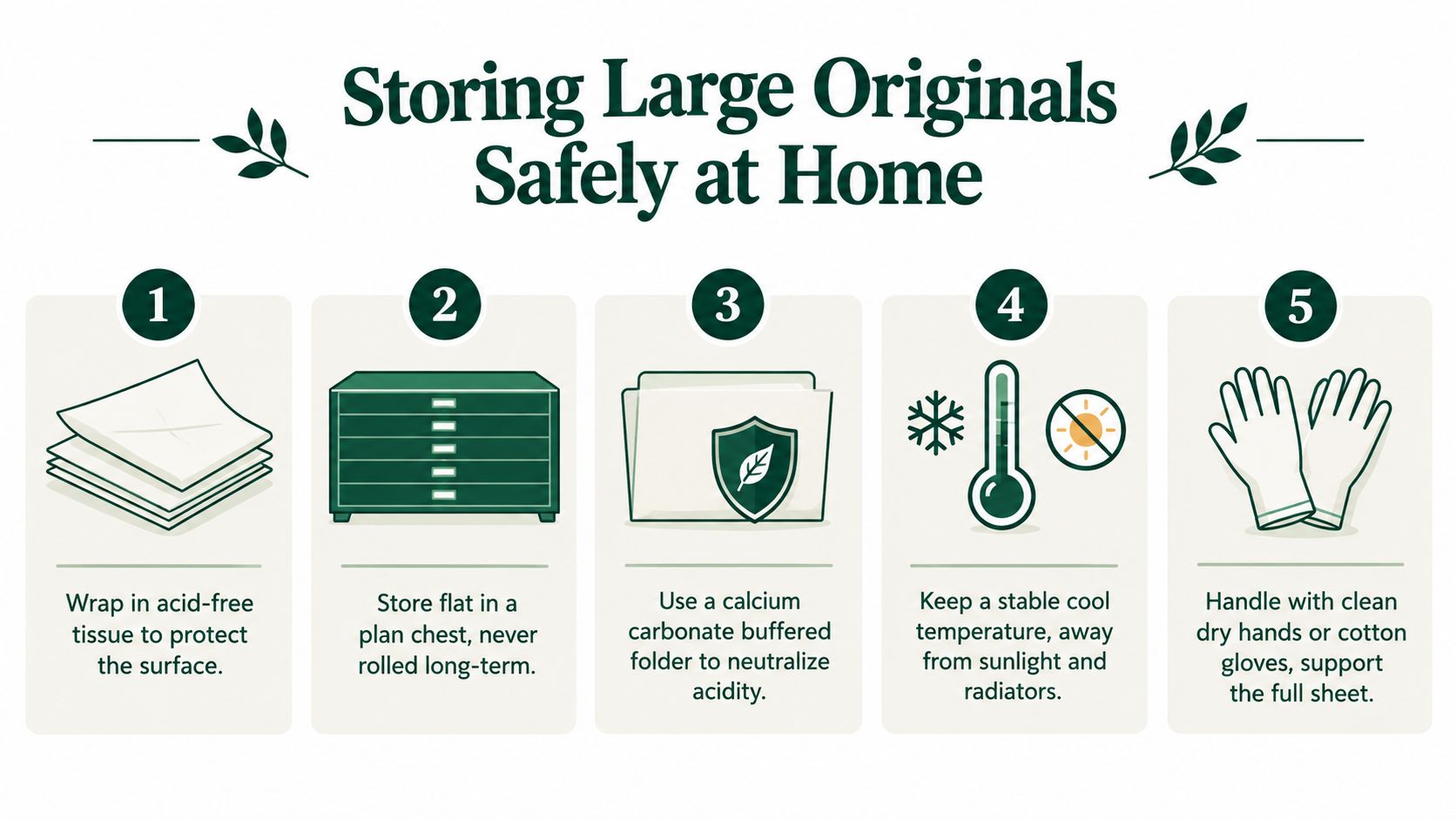 An infographic titled Storing Large Originals Safely at Home with five numbered tips for document preservation.