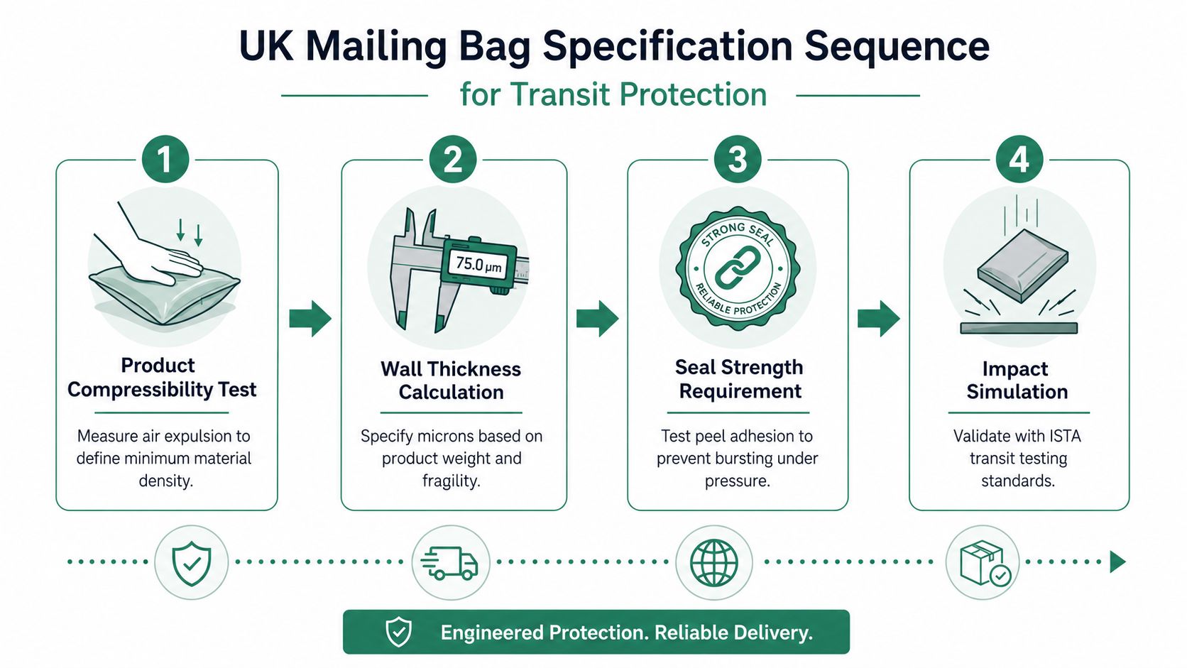 A four-step infographic illustrating the specification process for transit-safe custom mailing bags using engineering standards.