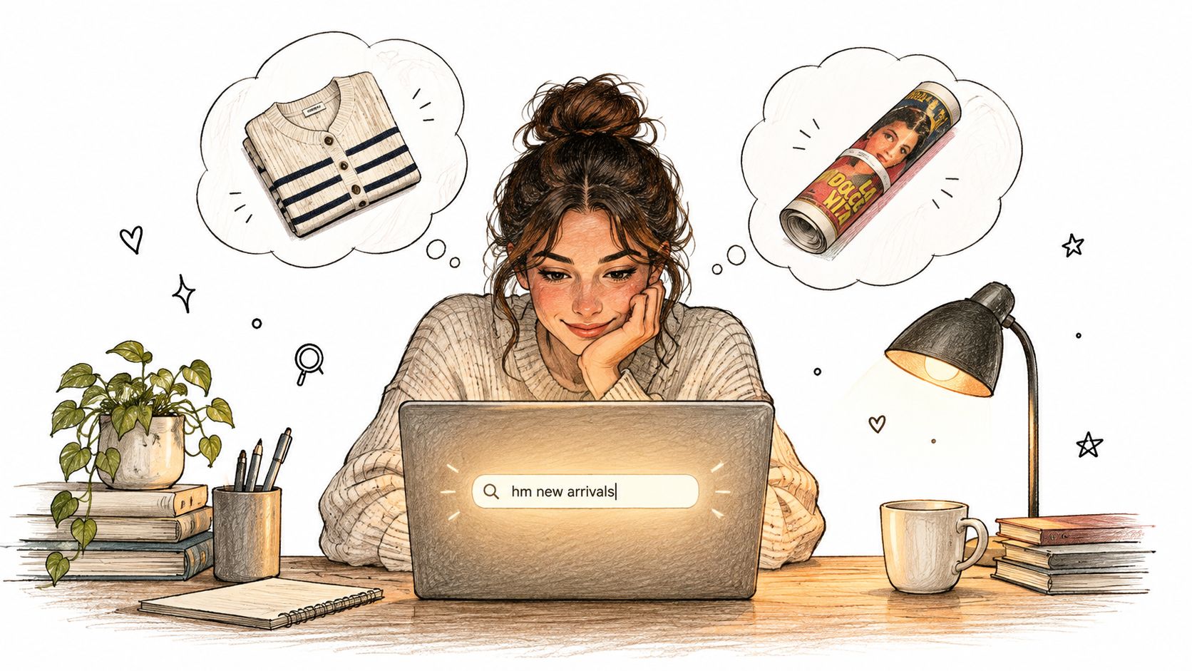 A young woman smiling while searching for H&M new arrivals on her laptop at a desk.