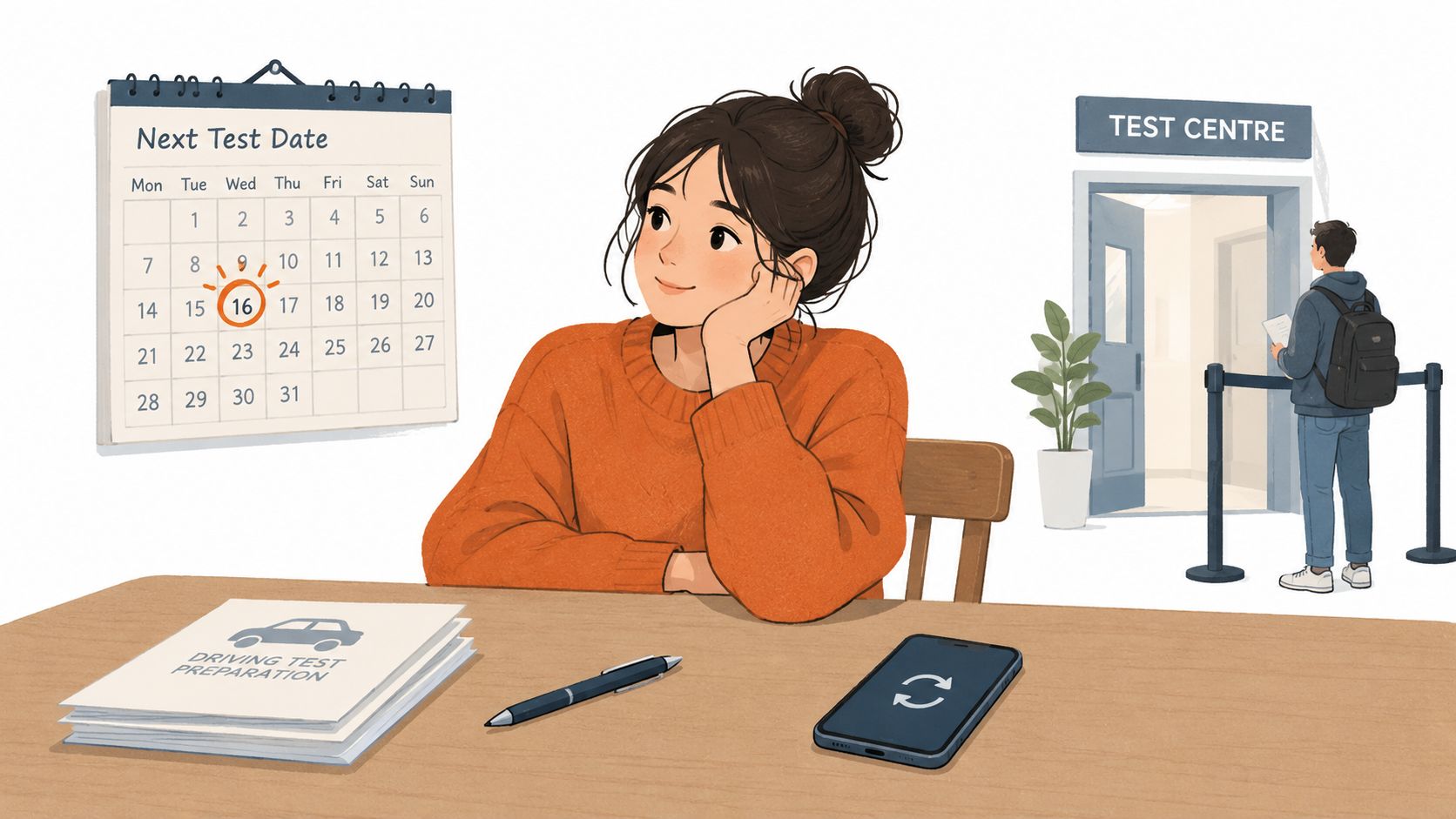 A woman looks at a calendar marked with a driving test date next to a test centre.