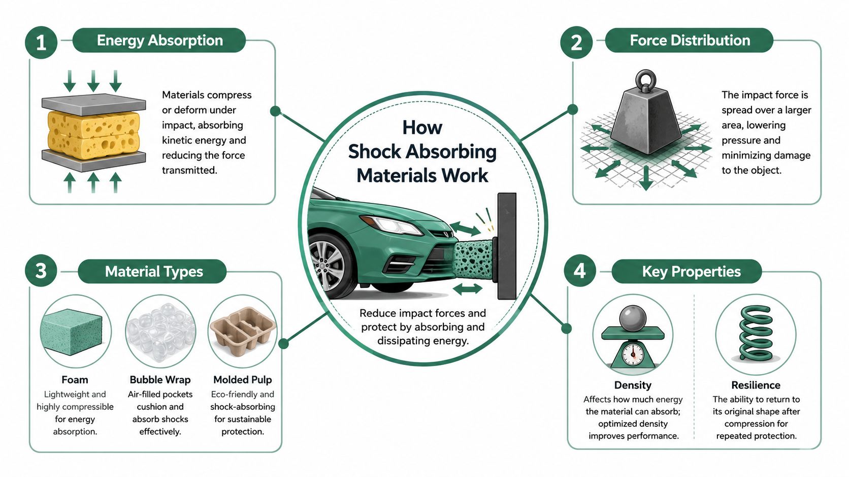 An infographic explaining how shock absorbing materials function through energy absorption, force distribution, various material types, and properties.