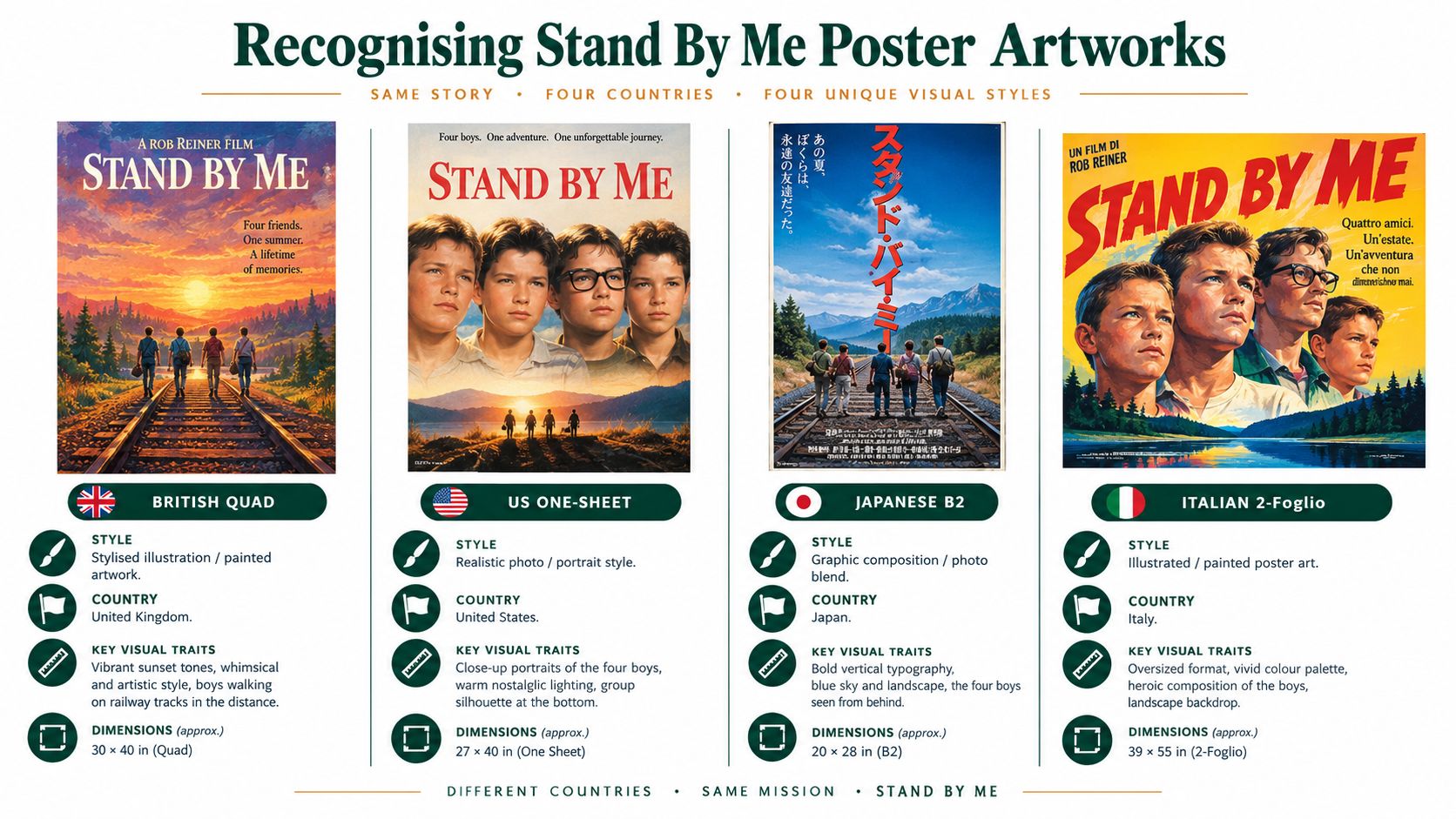 A comparative infographic displaying four distinct international film poster artworks for the movie Stand By Me.