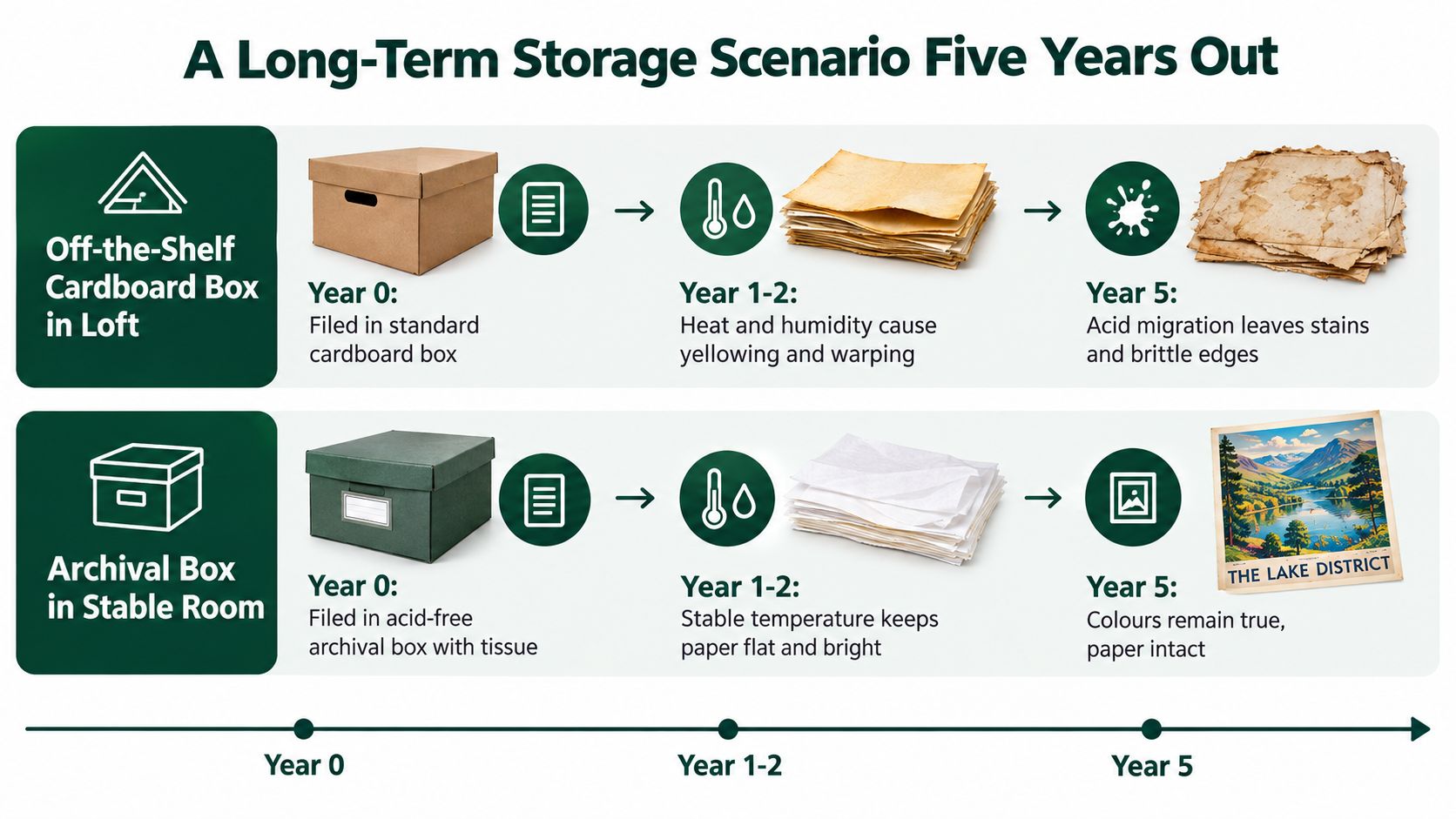 A comparison infographic showing paper deterioration in standard cardboard boxes versus preservation in archival quality storage boxes.