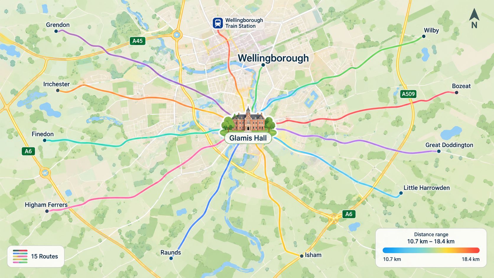 A map showing 15 driving test routes radiating from Glamis Hall in Wellingborough to nearby towns and villages.