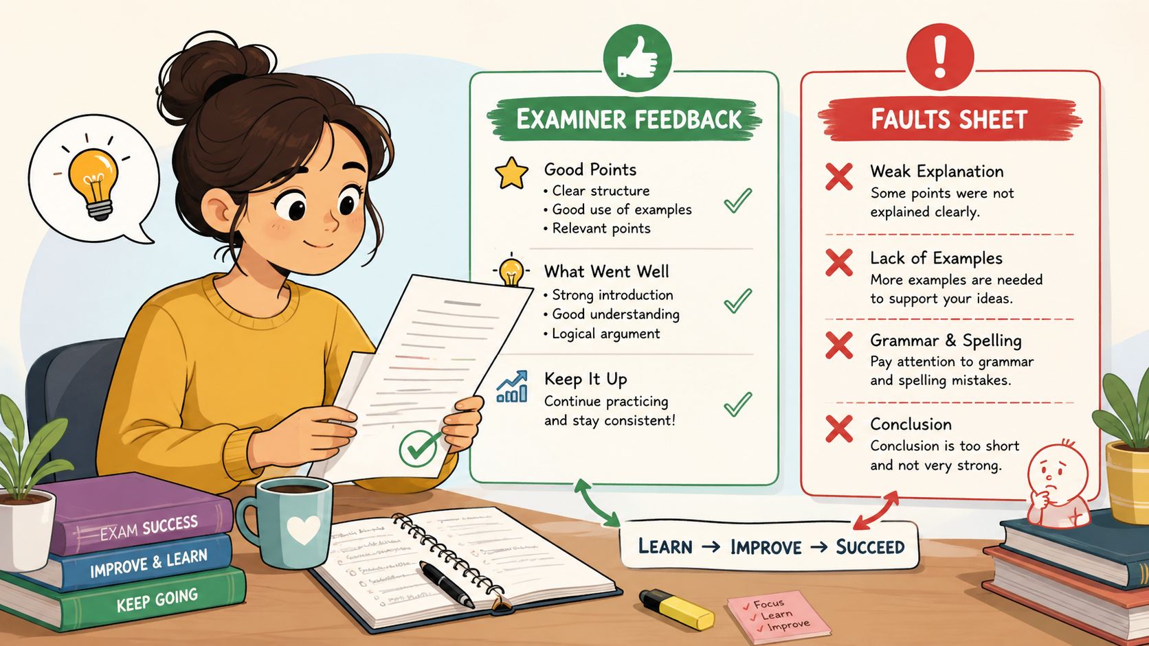 A student reviewing examiner feedback and a faults sheet to learn, improve, and succeed in exams.