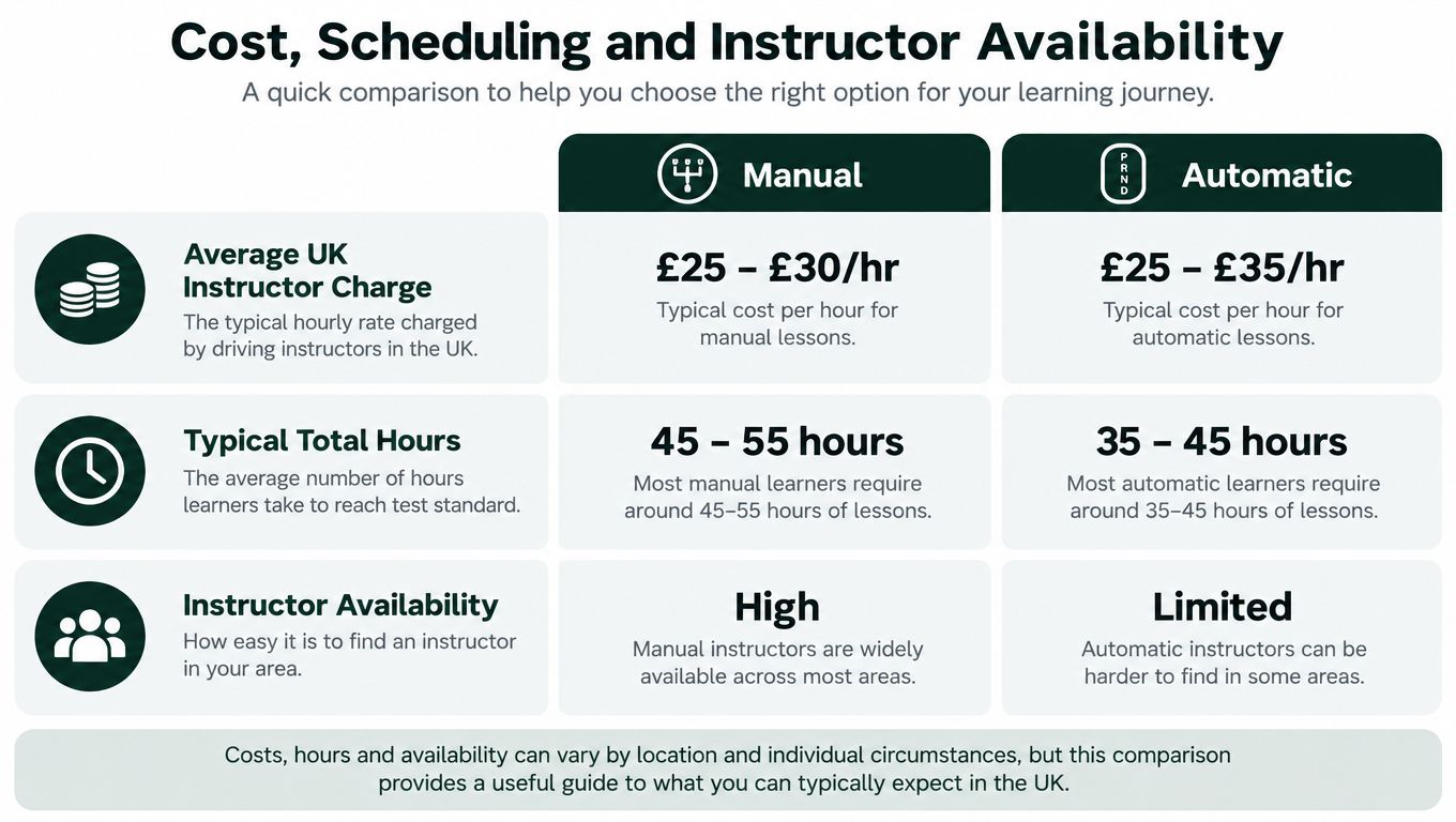 A comparison chart showing costs, typical total hours, and instructor availability for manual versus automatic driving lessons.