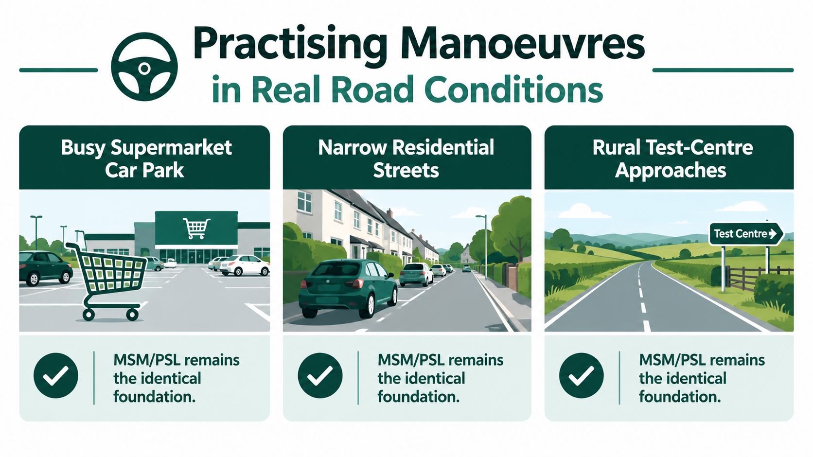 A driving instruction graphic showing examples of practising driving manoeuvres in three different real-world road environments.