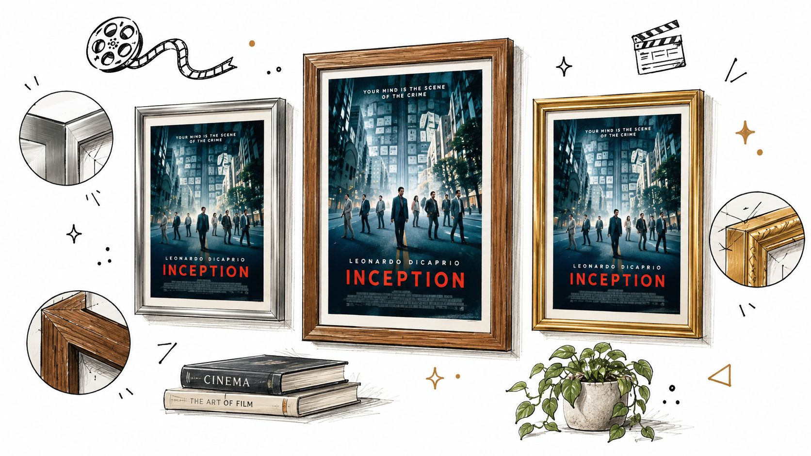 A digital illustration featuring three Inception movie posters in different frames alongside books and a small plant.