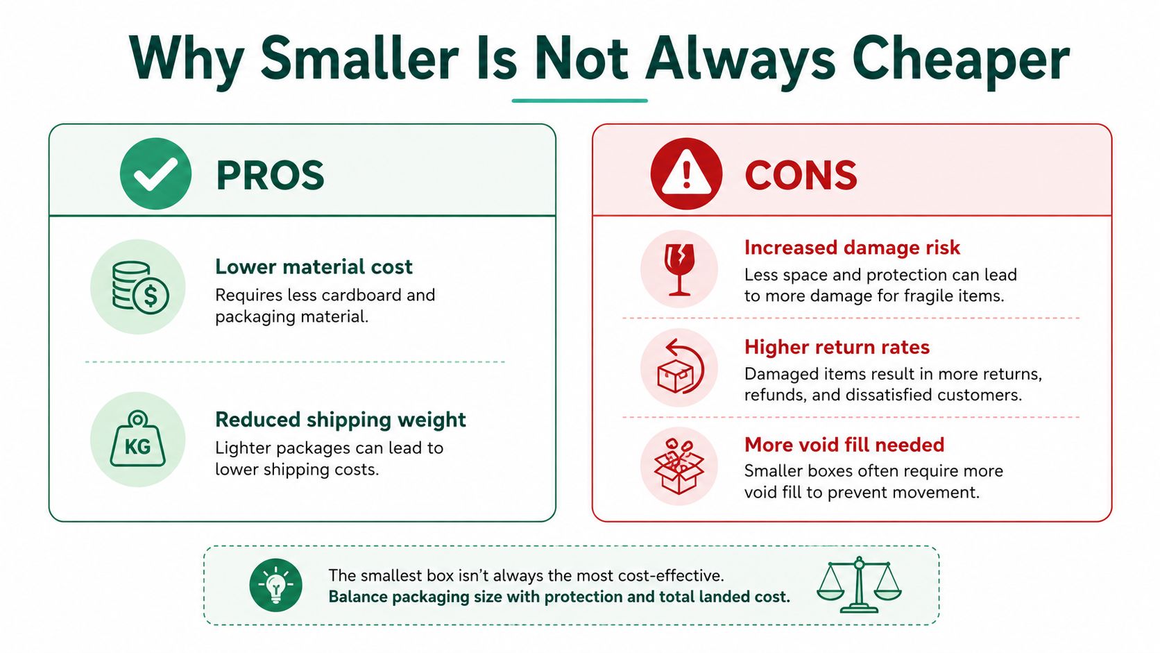 An infographic comparing pros and cons of smaller packaging sizes for shipping products to optimise costs.