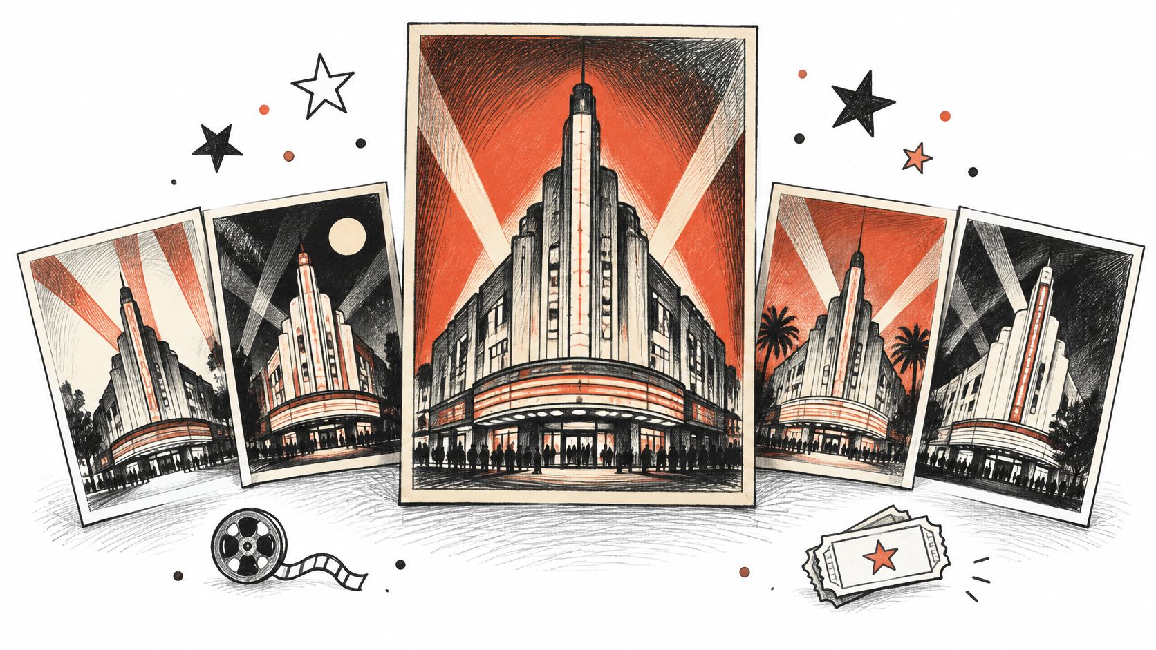 An artistic illustration featuring framed drawings of a vintage Art Deco theater surrounded by decorative stars.