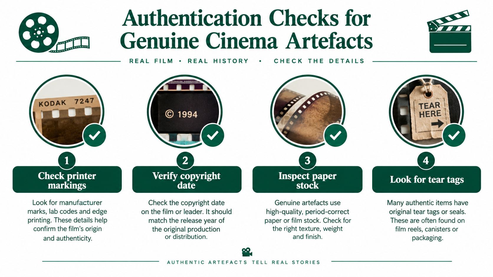 An infographic titled Authentication Checks for Genuine Cinema Artefacts detailing four steps to verify original film memorabilia.