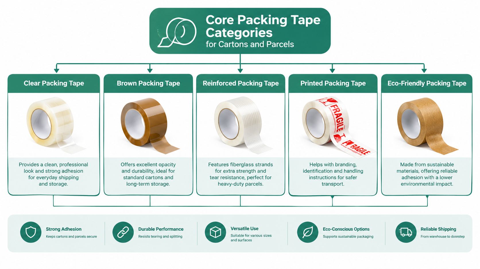 An infographic showing five main categories of packing tape, including clear, brown, reinforced, printed, and eco-friendly tapes.