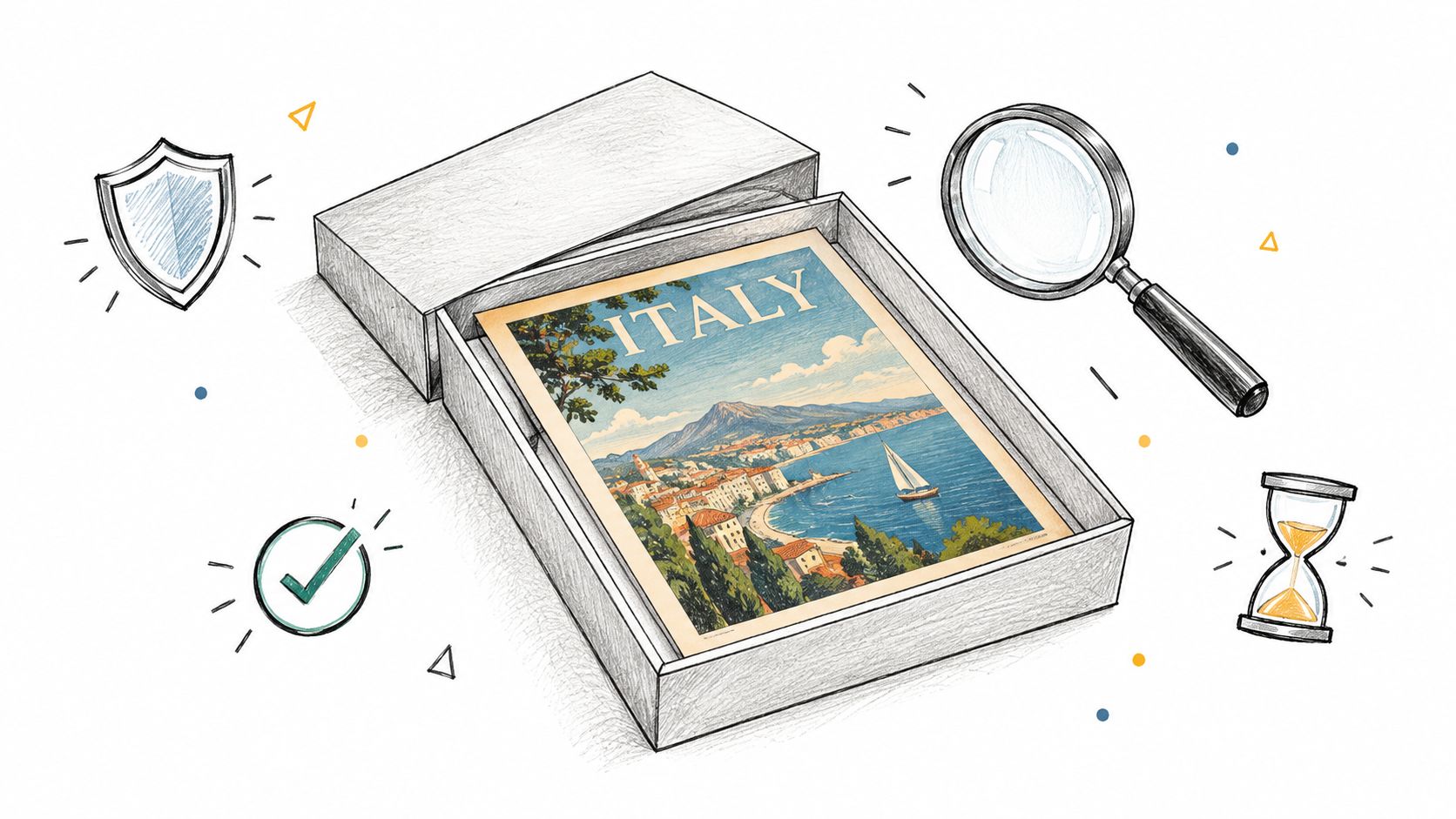 An illustration of a vintage Italy travel poster inside an open box with icons of a magnifying glass, shield, hourglass, and checkmark.