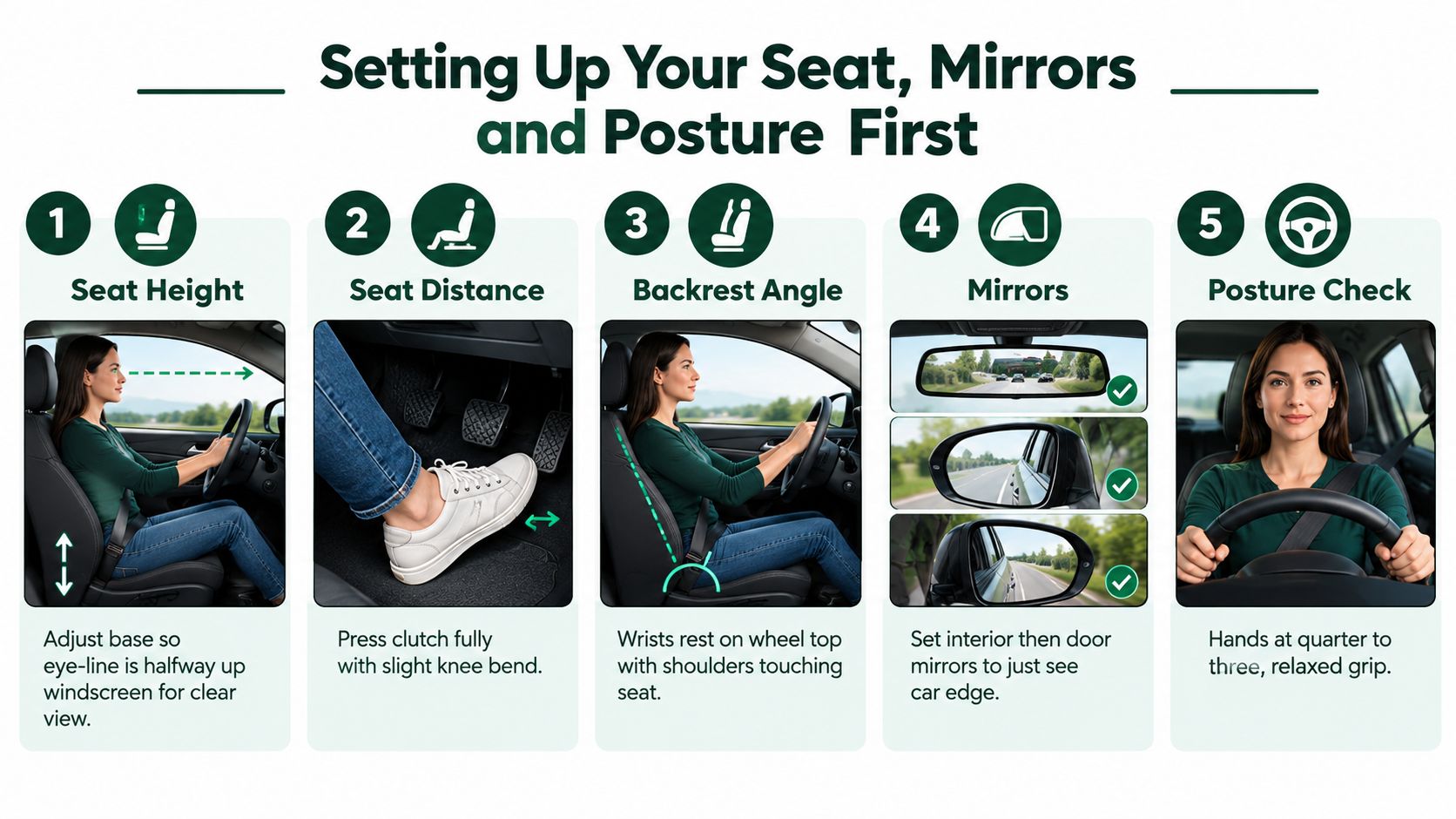 A step-by-step infographic showing how to correctly adjust a car seat, mirrors, and driving posture.