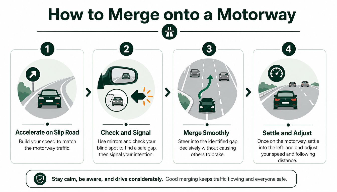 An infographic showing four simple steps on how to safely merge your vehicle onto a motorway.