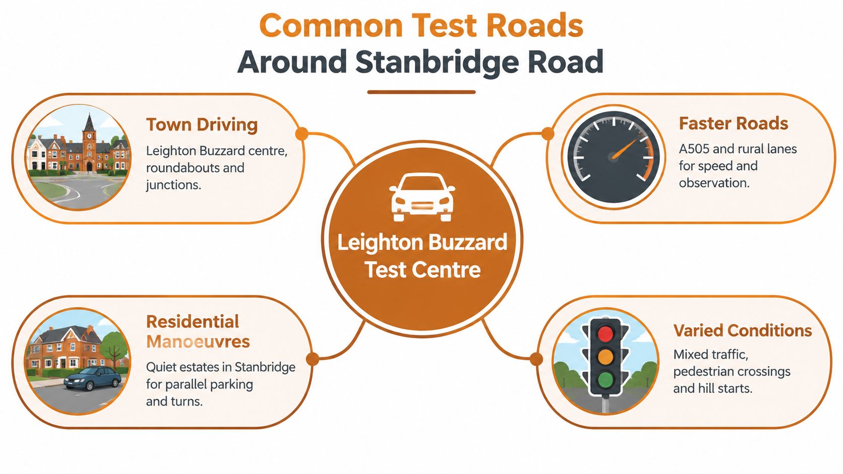 A diagram illustrating common test road conditions and locations near the Leighton Buzzard driving test centre.