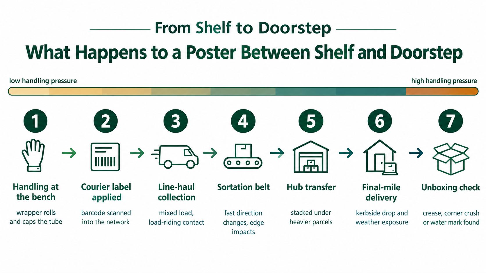 A seven step infographic showing the shipping process of a poster from shelf to delivery
