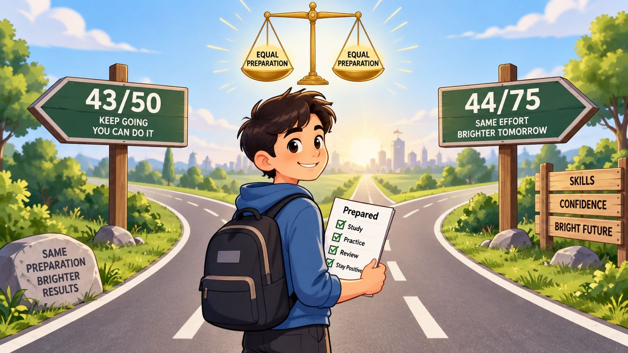 A student standing at a fork in the road reflecting on study test preparation and bright futures.