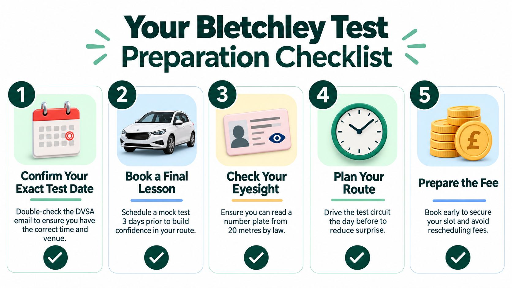 A five-step Bletchley driving test preparation checklist infographic for students to follow before their practical exam.