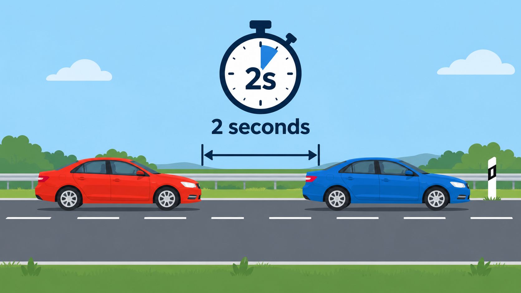 An illustration showing two cars on a road maintaining a two-second safety distance gap between them.