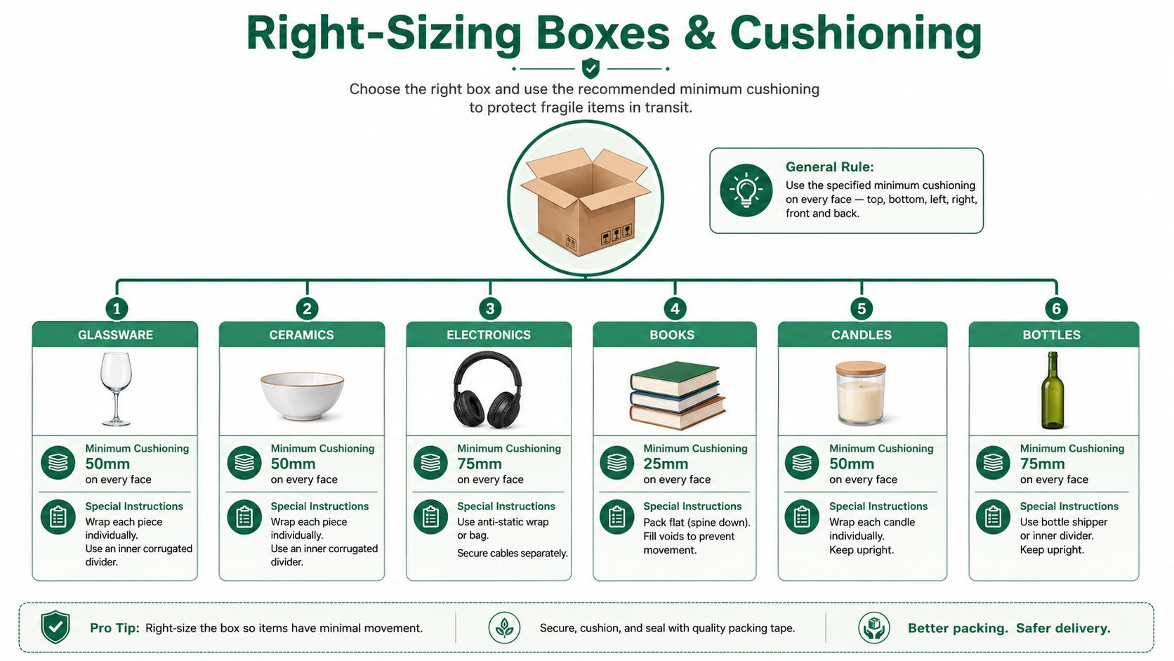 An infographic illustrating proper packing techniques and minimum cushioning requirements for various fragile items like glassware and electronics.