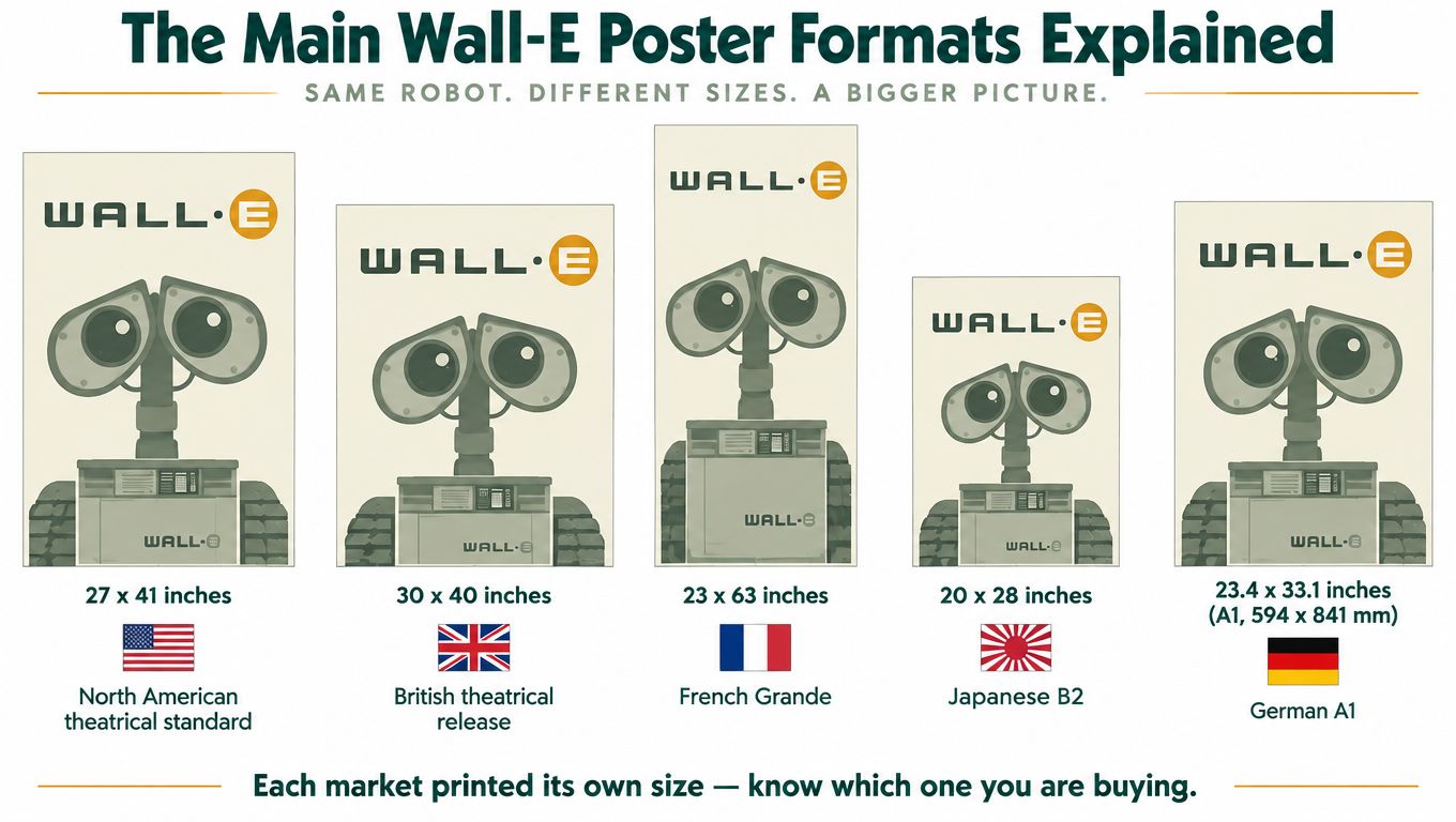 A graphic comparing the standard dimensions and international formats of various official Wall-E movie posters.