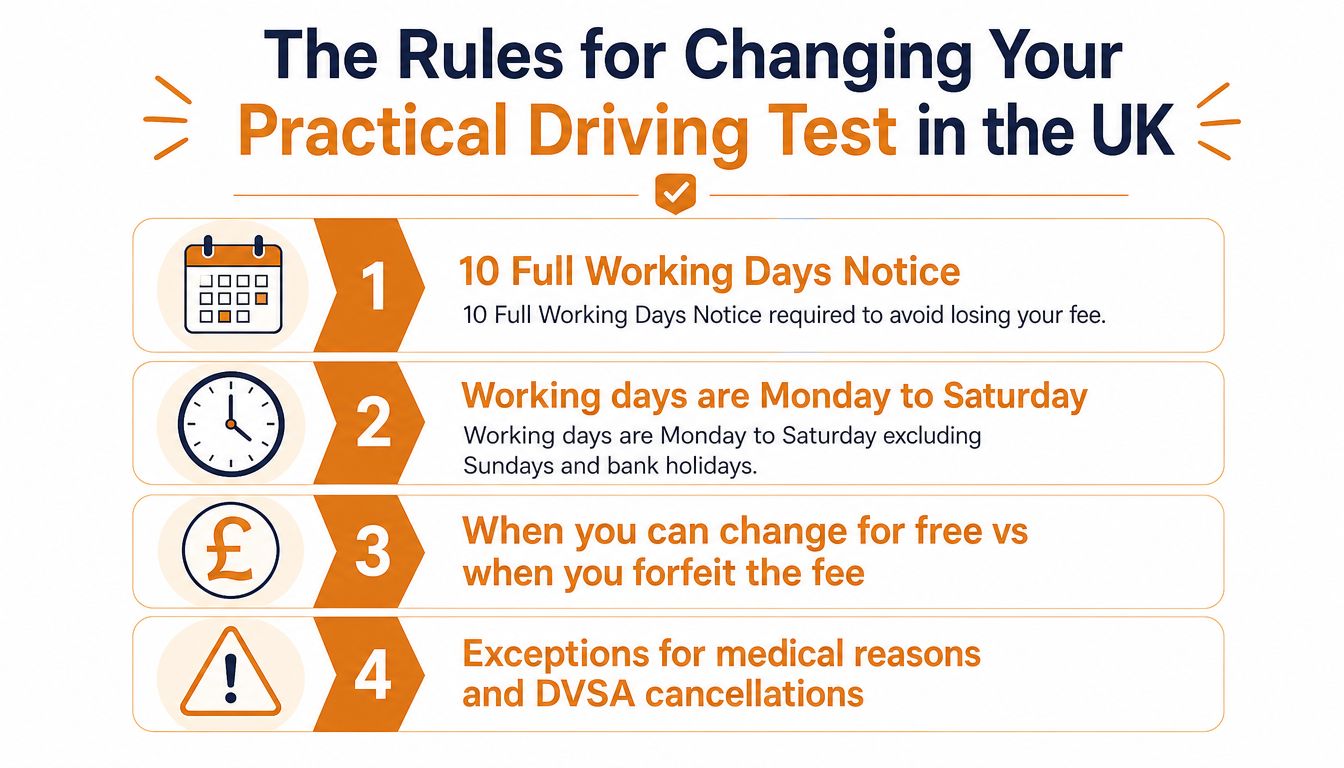 An infographic showing the four rules for changing a practical driving test in the UK.