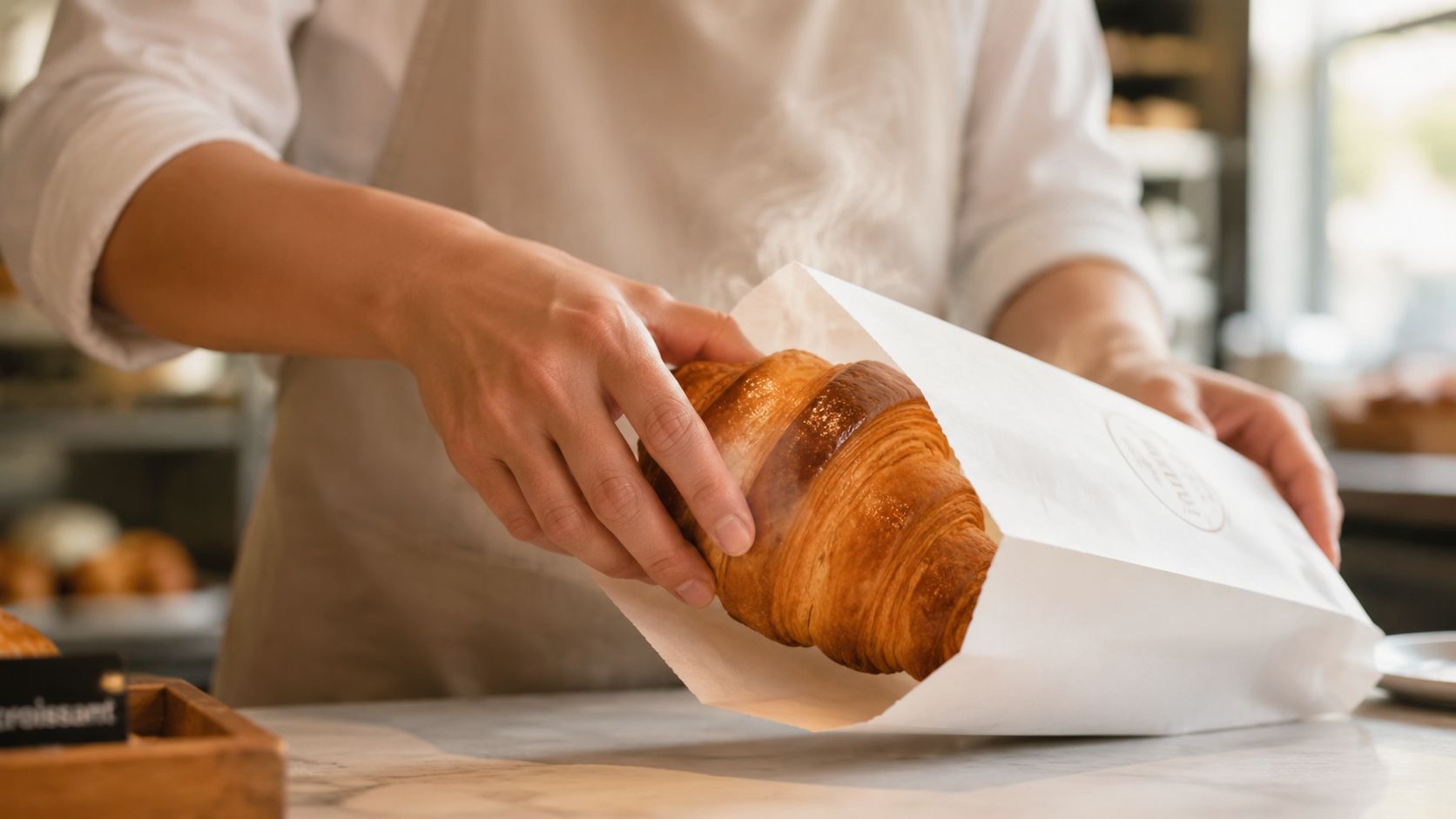 A bakery worker carefully placing a fresh, steaming golden croissant into a white greaseproof paper bag.