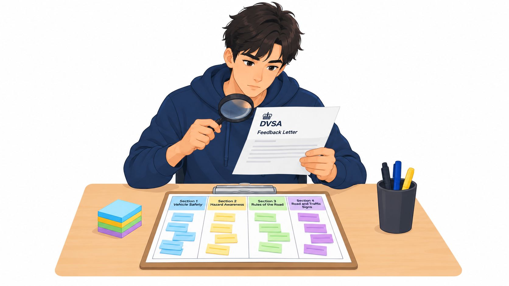 A young man sitting at a desk with a magnifying glass reviewing a DVSA feedback letter.