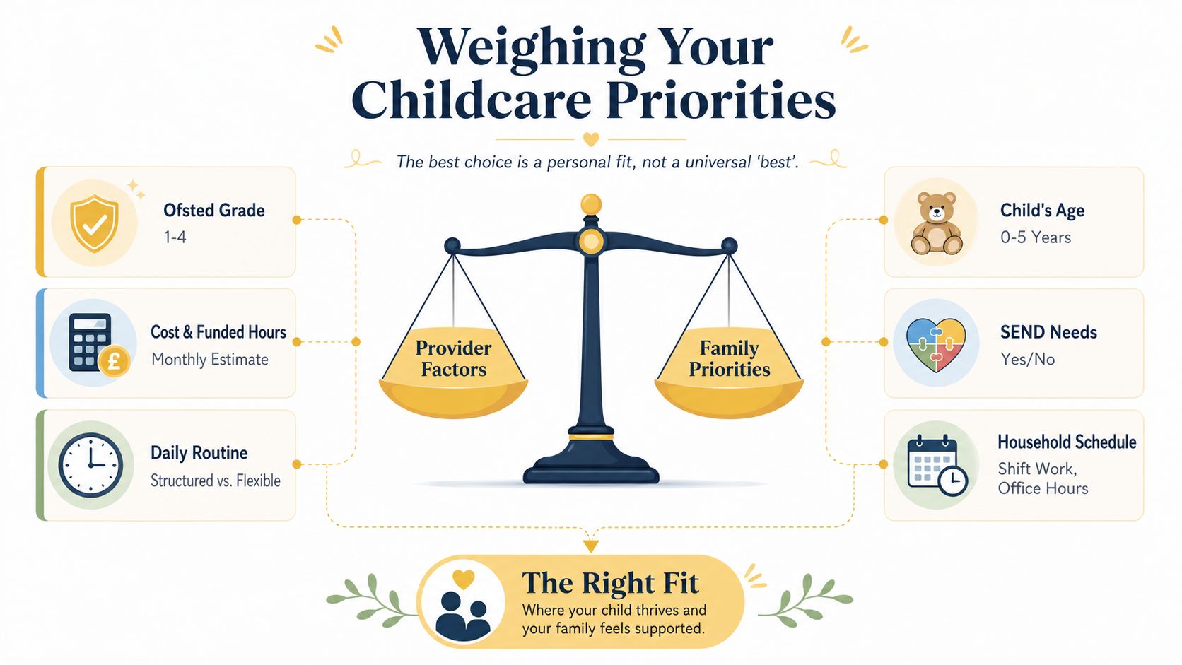 A balanced scale graphic illustrating the balance between provider factors and family priorities for childcare.