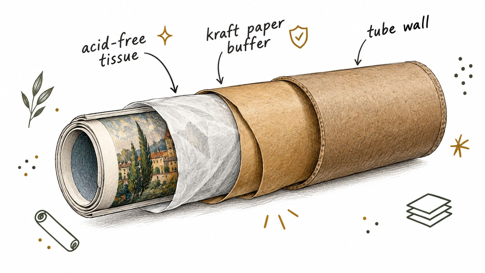 A detailed illustration showing a rolled art print inside acid-free tissue, kraft paper, and a shipping tube.