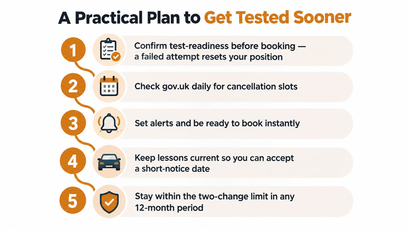 A five-step guide for UK driving learners on how to secure an earlier practical driving test appointment.