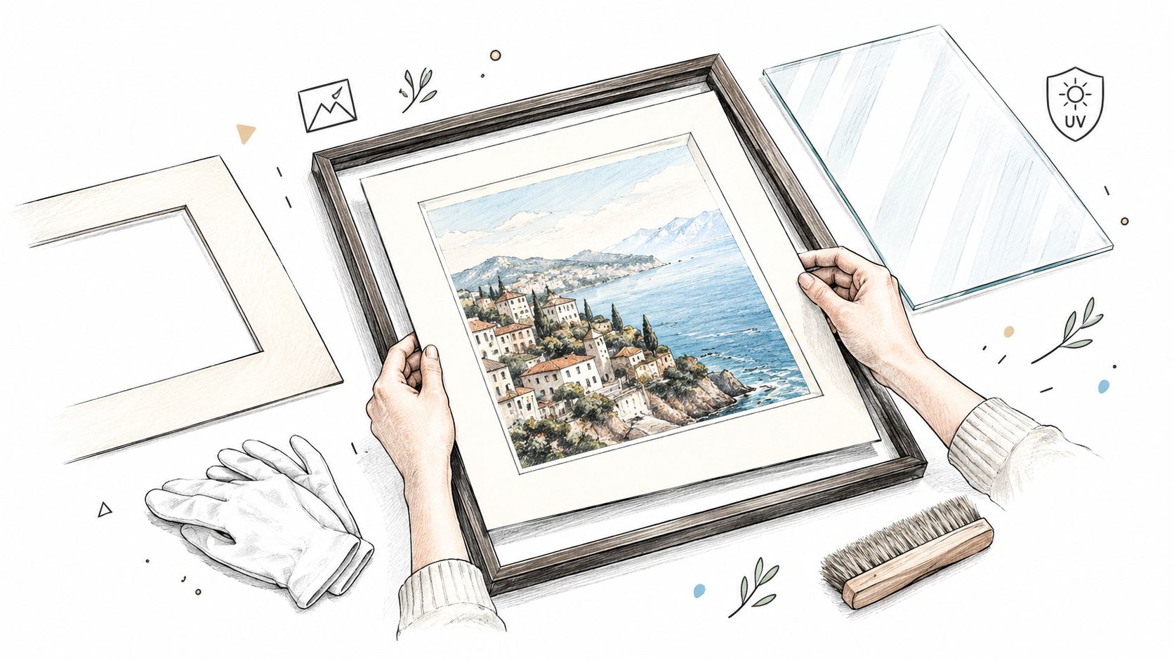 Artist framing a detailed coastal watercolor painting into a wooden frame on a bright work table