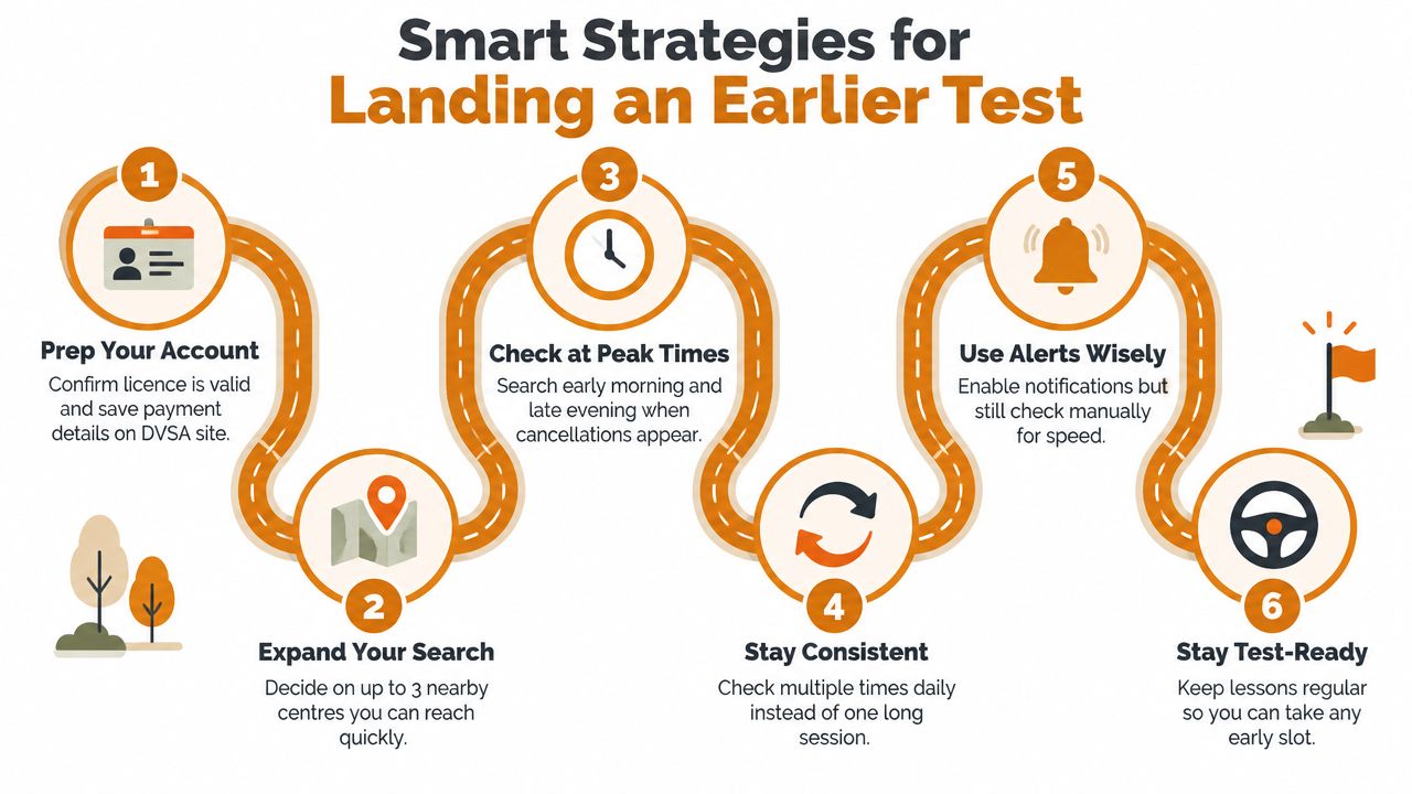 A step-by-step infographic titled Smart Strategies for Landing an Earlier Driving Test with six actionable tips.