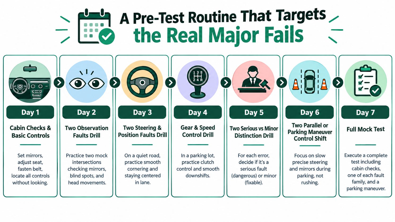 A seven-day pre-test driving routine schedule designed to help learners avoid common major fails during their driving exam.