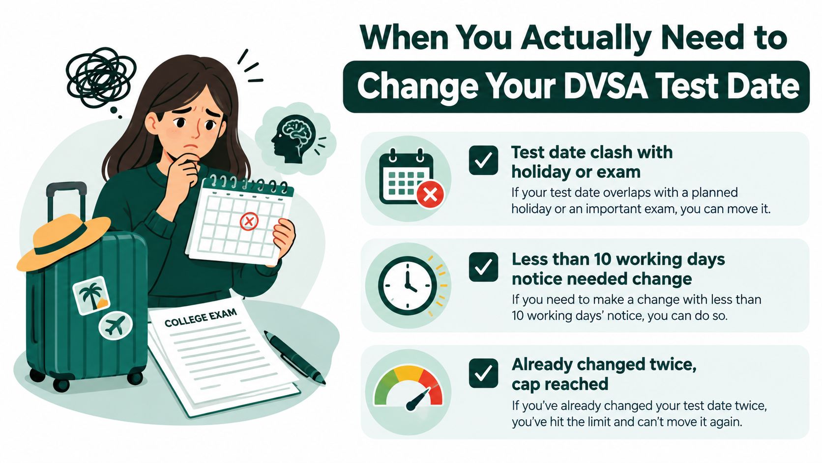 An infographic illustrating three scenarios for changing a DVSA driving test date with a stressed student.