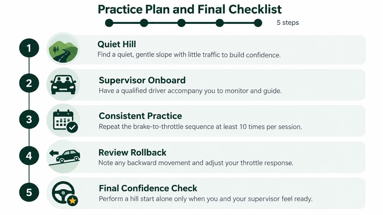 A numbered checklist infographic illustrating five steps for practicing hill starts in an automatic car.