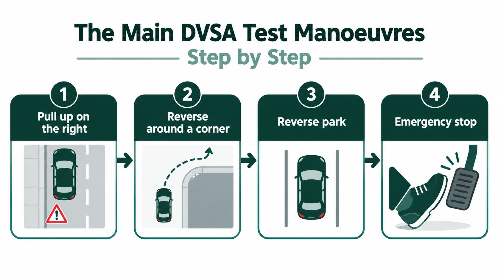 A visual guide titled The Main DVSA Test Manoeuvres showing four steps: pulling up, reversing, parking, and emergency stop.