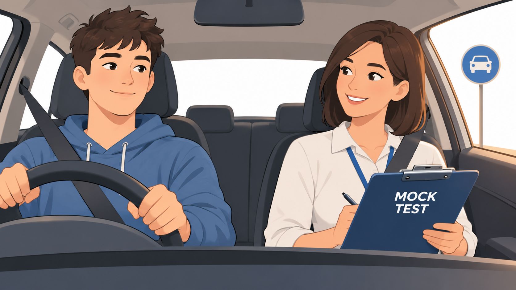 A driving instructor smiles at a young male student during a driving mock test in a car.