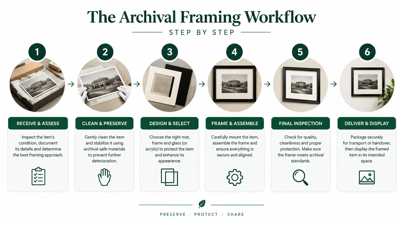 A step-by-step infographic titled The Archival Framing Workflow illustrating professional steps for preserving and framing historical items.