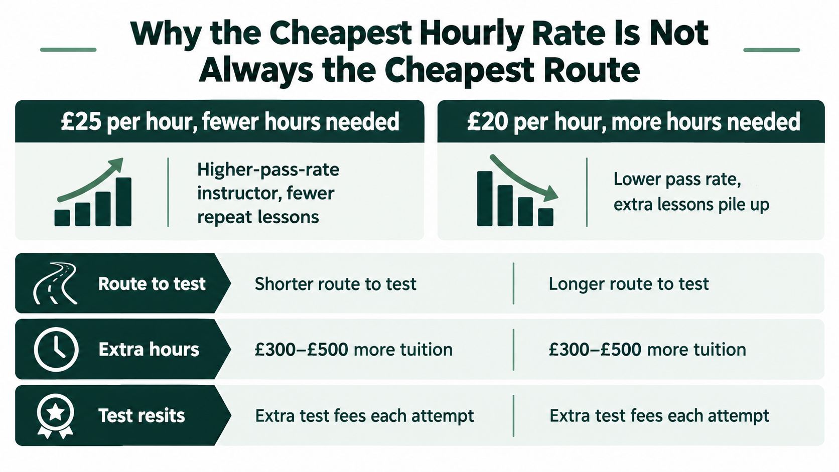 An infographic showing why a higher hourly rate for driving lessons can be more cost-effective than cheaper alternatives.