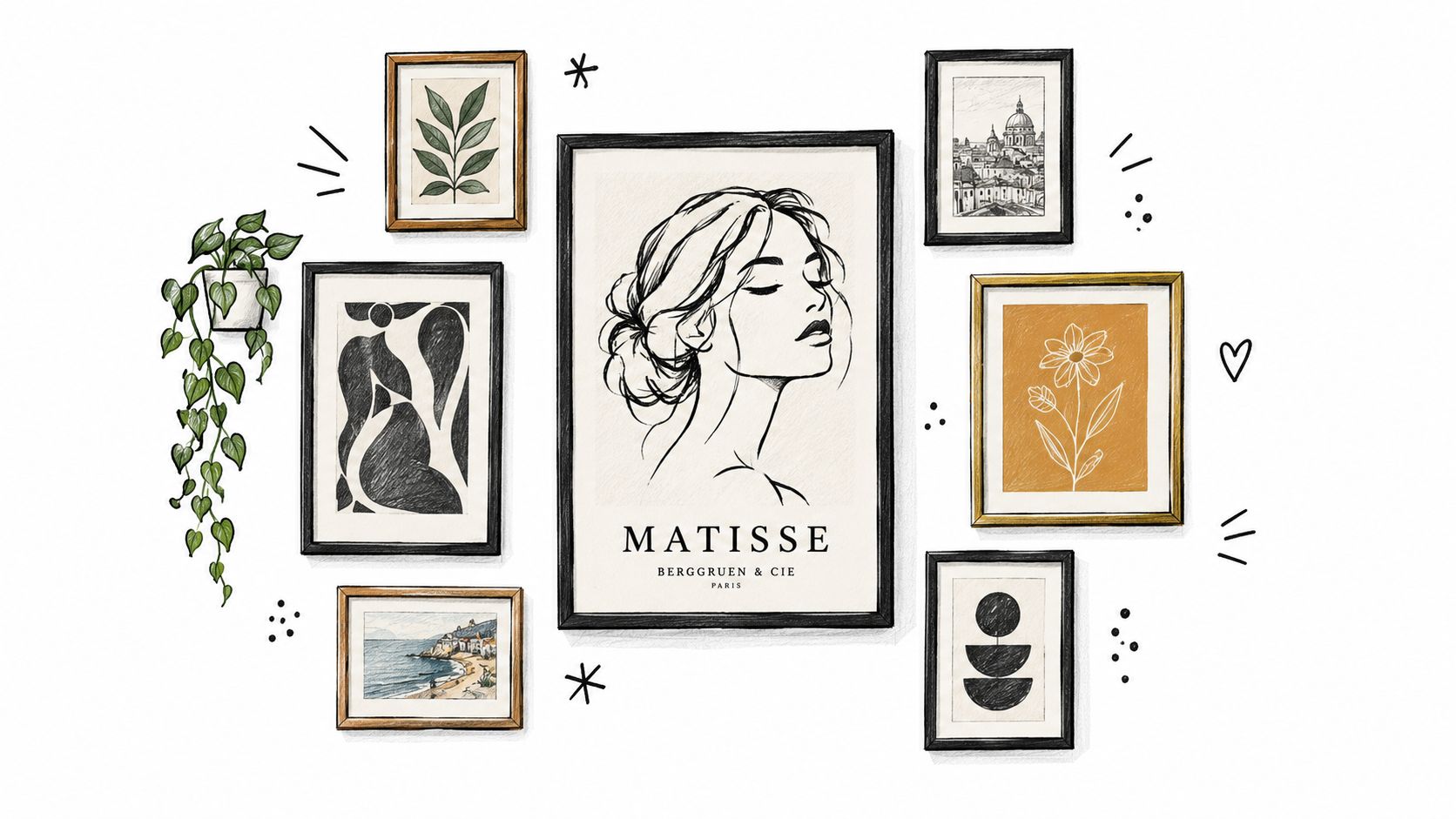 A gallery wall arrangement featuring a central Matisse poster surrounded by botanical and abstract art prints.