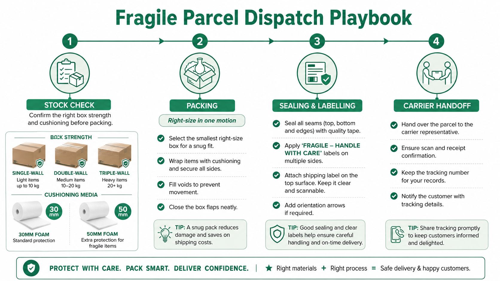 A step-by-step infographic titled Fragile Parcel Dispatch Playbook illustrating how to pack and ship fragile items securely.