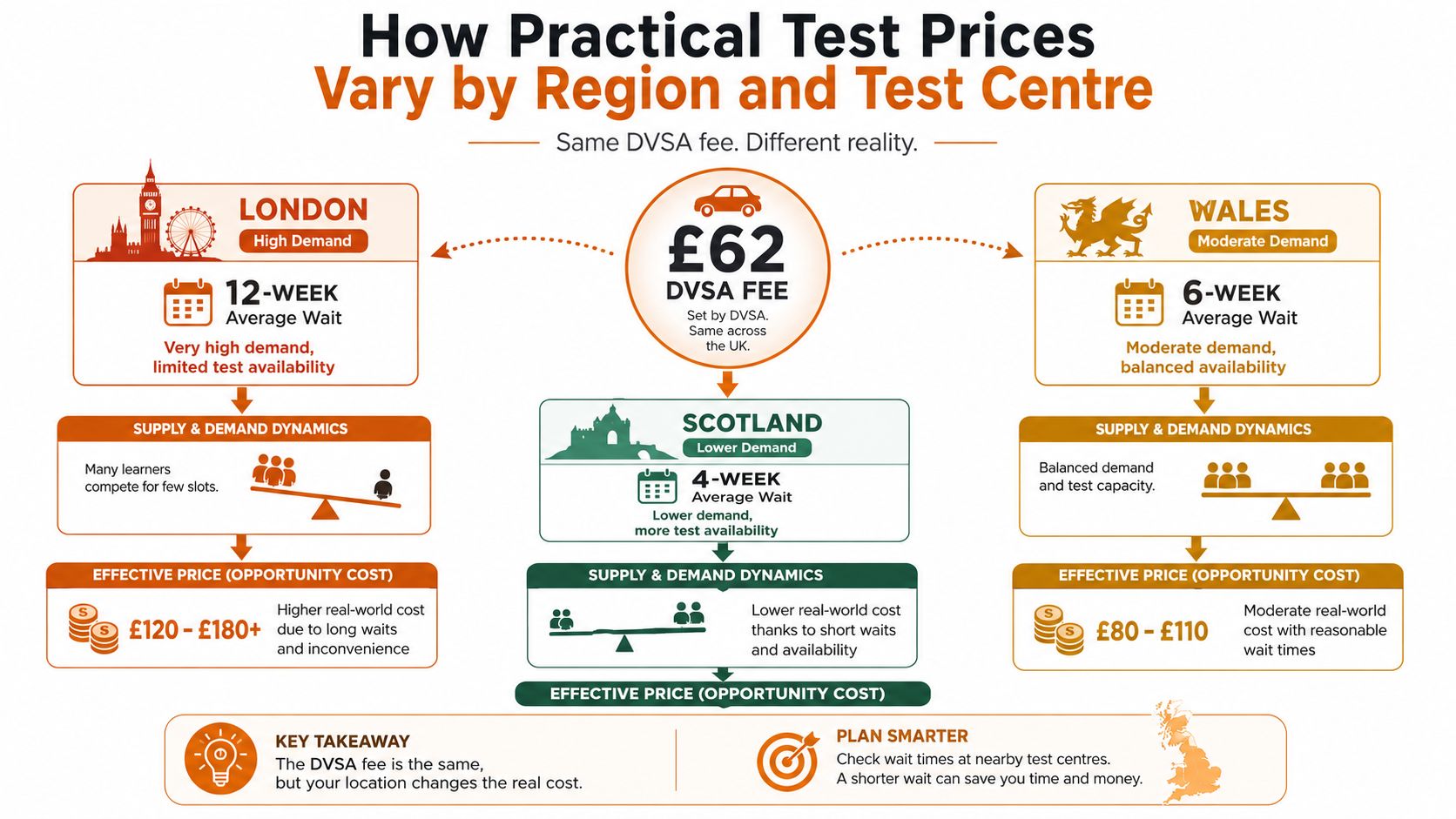 An infographic showing how practical driving test prices vary by region due to wait times and demand.