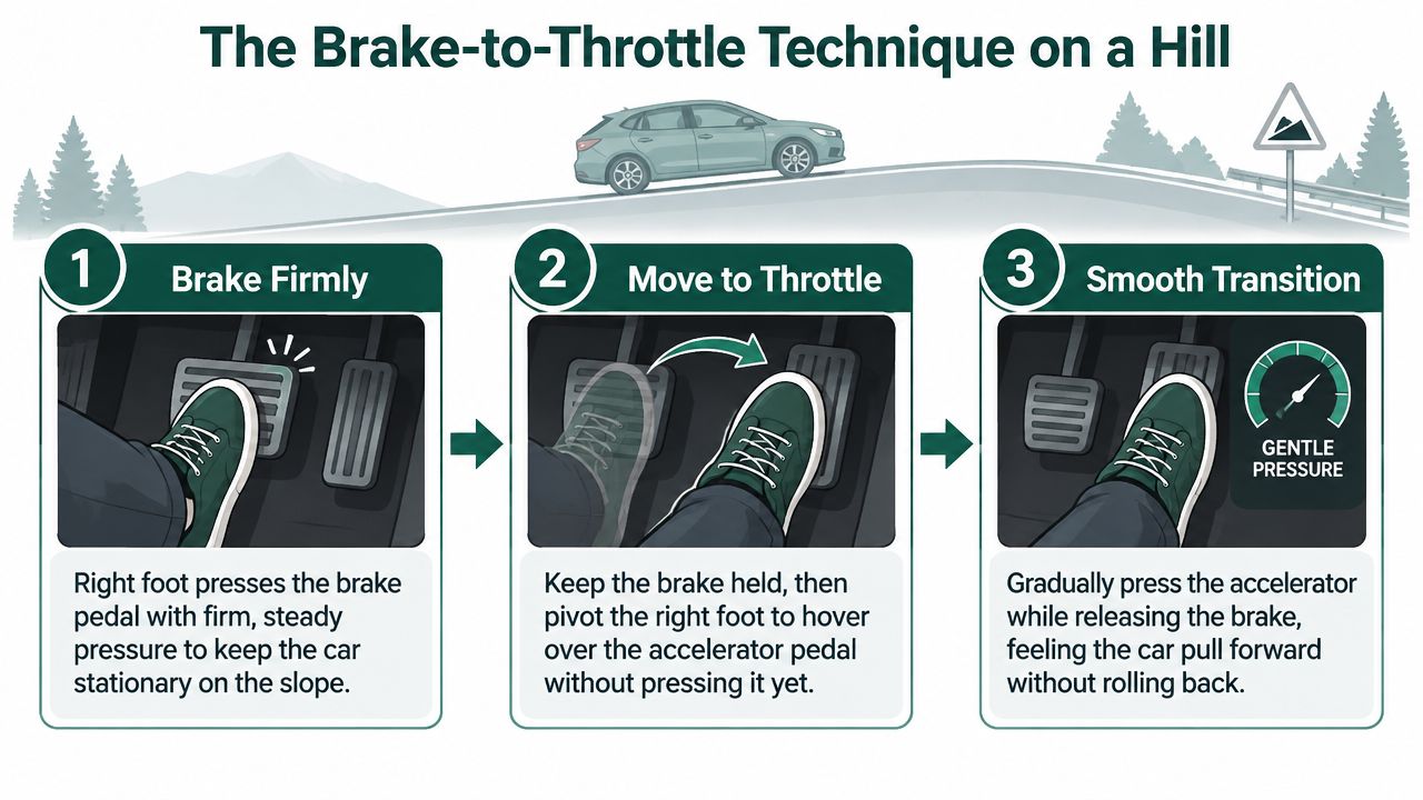 A three-step infographic illustrating how to perform a smooth hill start in an automatic car.