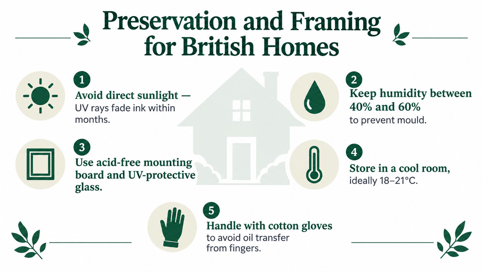 A helpful infographic showing five essential tips for preserving and framing artwork in British homes.