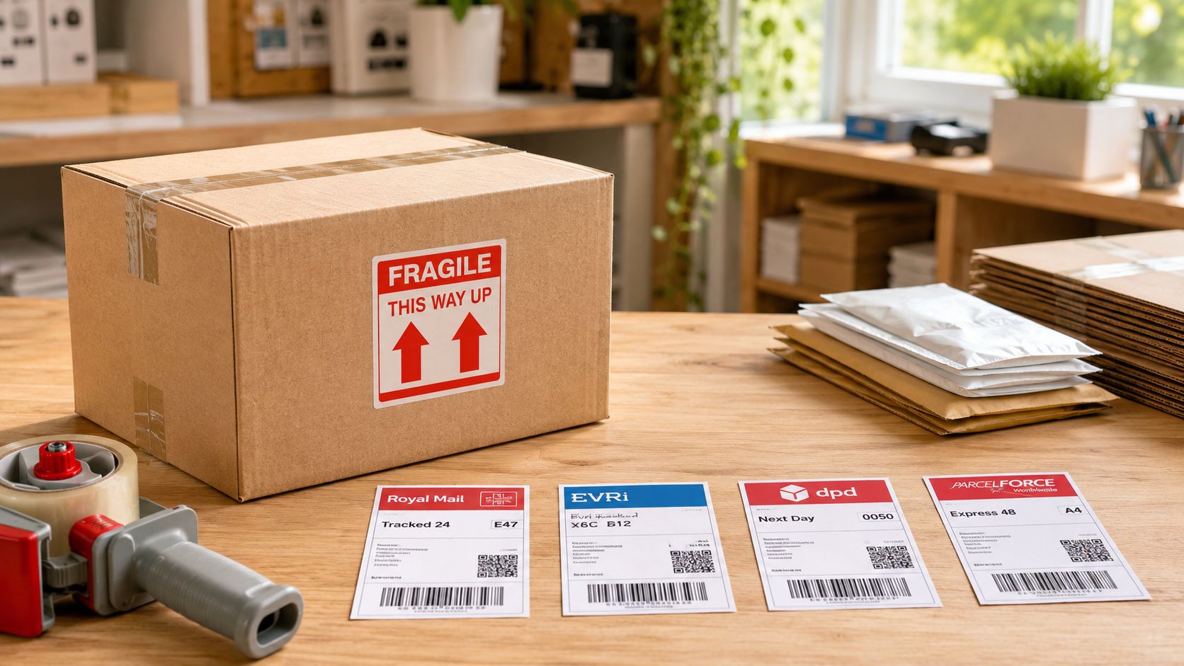 A cardboard box with a fragile label sitting on a desk with various shipping labels and tape.