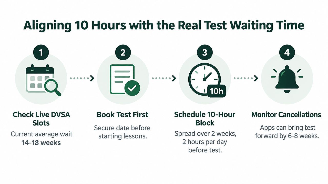 A four-step infographic showing how to schedule 10 hours of driving lessons to align with test waiting times.
